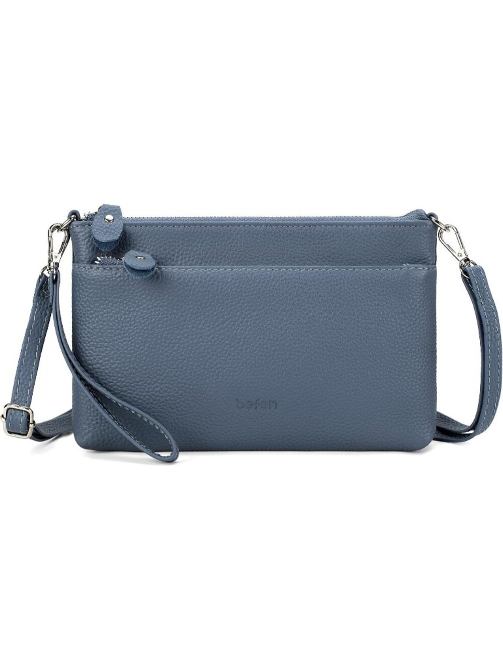 Women's Grey Blue Genuine Leather Wristlet Clutch Wallet Crossbody Handbag - Picture 1 of 6